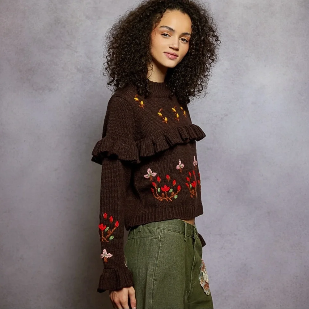 NWT POL Brown Floral Ruffle Sweater